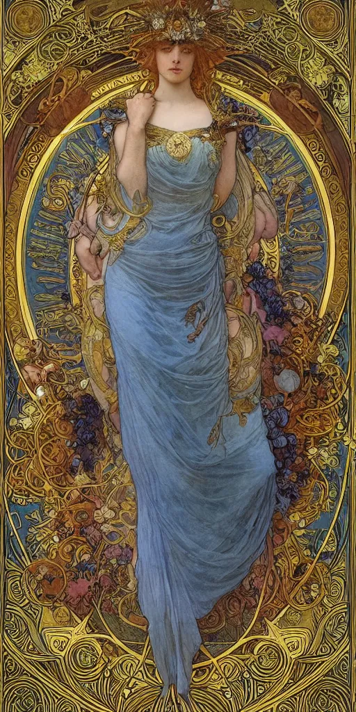 Image similar to saint woman, venus, athena, queen, by alphons mucha and annie swynnerton and jean delville, strong dramatic cinematic lighting, ornate headdress, flowing robes, spines, flowers, stars, lost civilizations, smooth, sharp focus, extremely detailed, blue marble, obsidian, gold, space