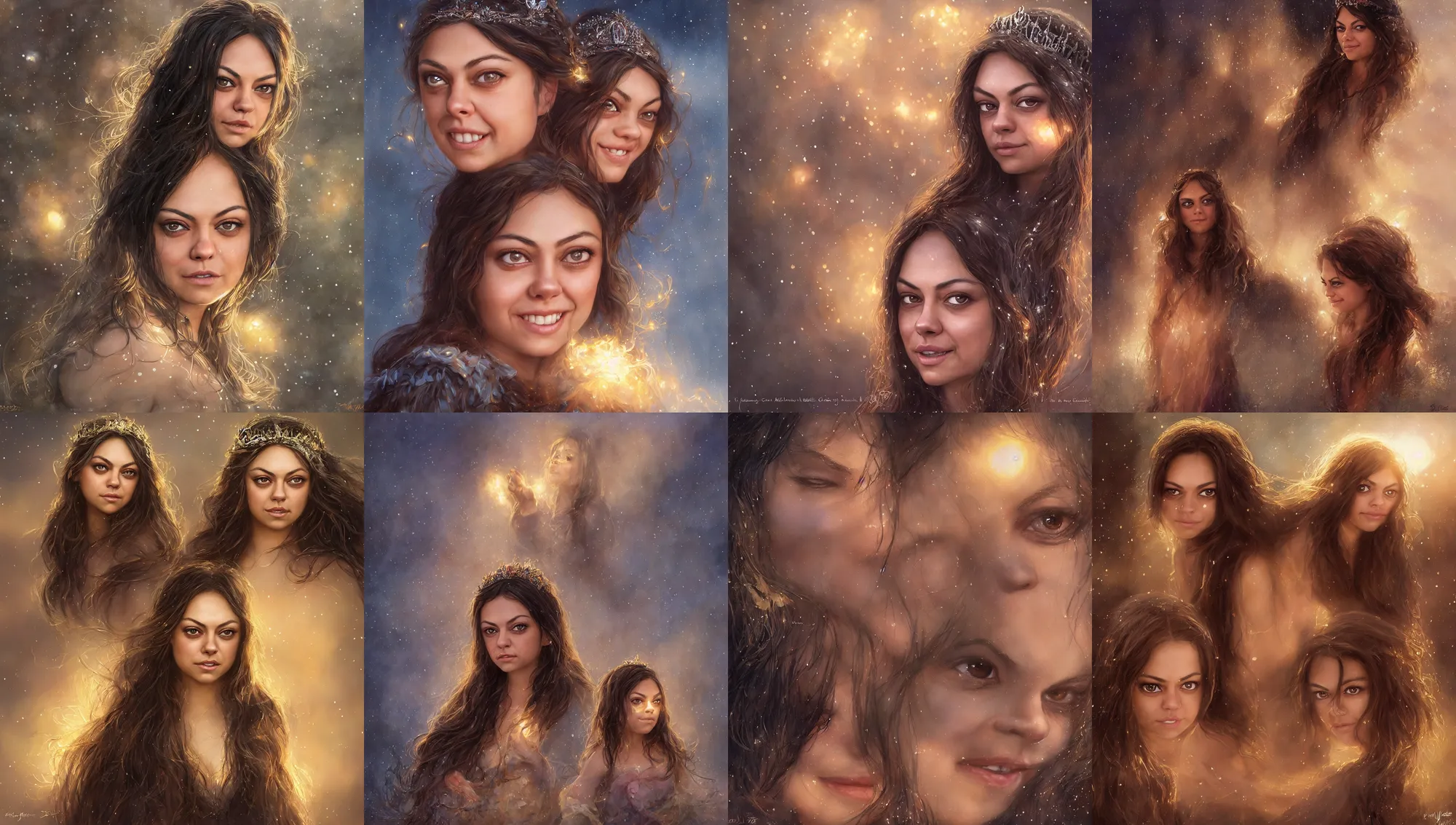 Image similar to big - eyed mila kunis winter princess smiling intensely into the camera, sundown golden hour firefly wisps, steve hanks, charlie bowater, mark brooks, steve henderson, justin gerard, mark keathley, victor nizovtsev, tom bagshaw, krenz cushart, ross tran, focal length : 2 0 0. 0 mm