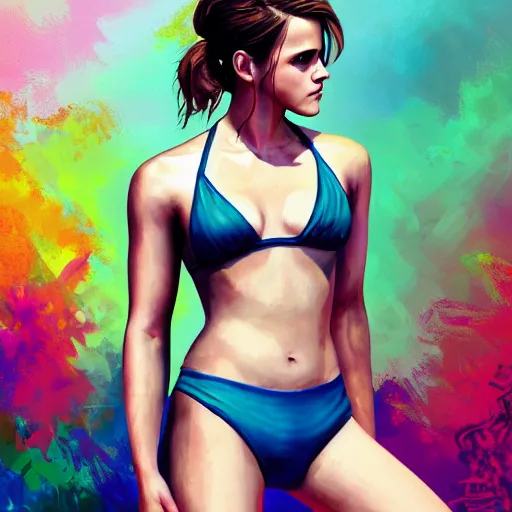 Prompt: highly detailed painting of emma watson wearing a bikini, gta 5 cover art style, 8 k, radiant light, detailed and intricate environment, trending on artstation