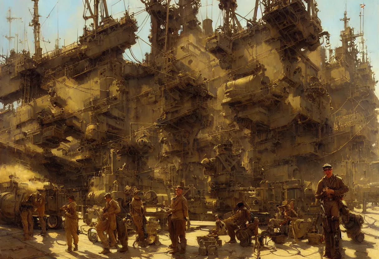 Image similar to us soldier in shipyard dieselpunk painting by gaston bussiere, craig mullins, j. c. leyendecker