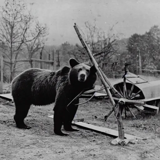 Prompt: a picture of a bear pulling a big canon behind him. the canon is harnessed to the horse and towed, ww 2, historial picture, western front