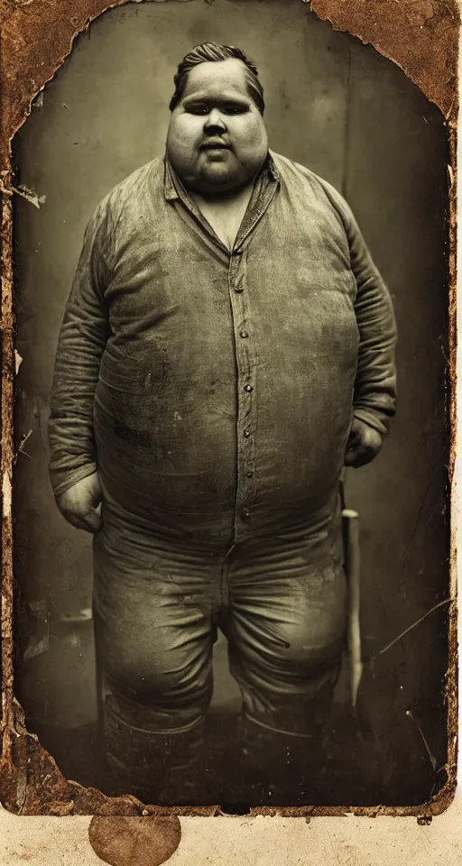 Image similar to a highly detailed digital collodion photograph, a portrait of a very obese carpenter