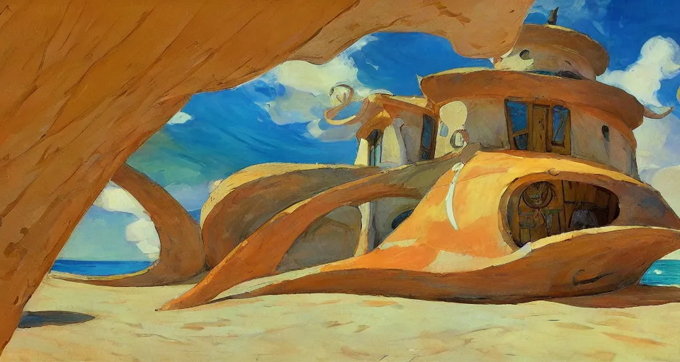 Image similar to seashell - shaped house, by moebius, joaquin sorolla, in the style of zelda windwaker