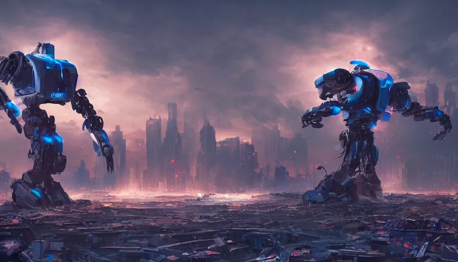 Image similar to Giant robot with a blue lighted swird standing in the middle of a completely destroyed city, hyperdetailed, artstation, cgsociety, 8k
