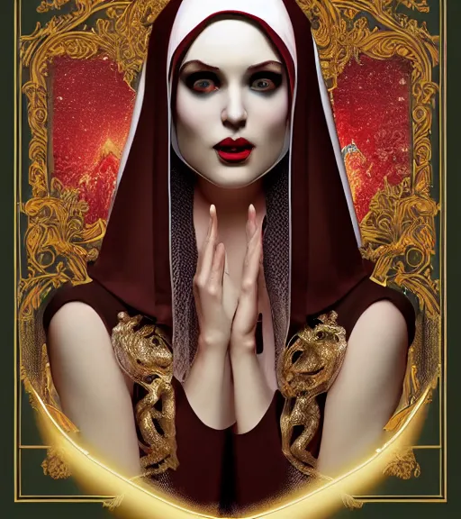 Image similar to beautiful female character inspired by venice carnival, christmas and nun | | digital artwork made by greg rutswork, anna dittmann, rosdraws and lois van barlee, symmetrical, anatomically correct, tongue out