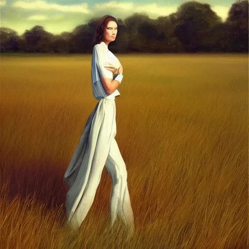 Prompt: a vogue model in a field, oil painting, pale colors, high detail, 8 k, wide angle, trending on artstation,