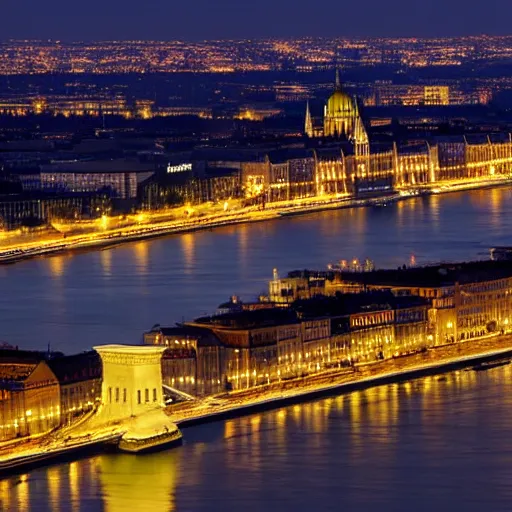 Image similar to budapest at night. airplane in the sky