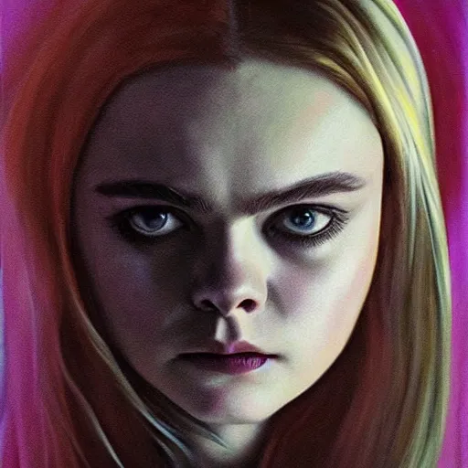 Image similar to a striking hyper real painting of Elle Fanning , dark, metal, occult, by Glyn Smyth