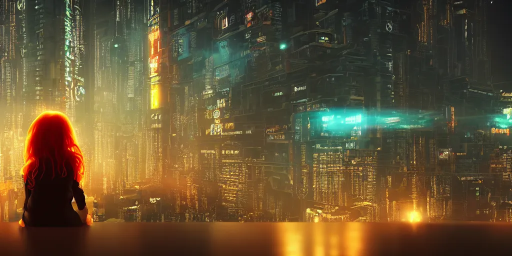 Prompt: a cinematic frame of a girl from the back, she has glowing orange hair, she is sitting alone on the edge of a skyscraper, looking at the cyberpunk city skyline at night, lit by bright neon futuristic lights, hyperdetailed, 8 k, artstation, matte painting