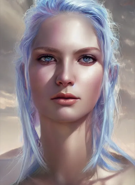 Prompt: girl with iridescent silver hair, beautiful highly detailed face, complementary lighting, backlit, eyeshadow, divine, dramatic lighting, landscape background, beautiful painting by artgerm and greg rutkowski and raymond swanland