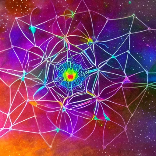 Image similar to fractal strandbeest wandering through colorful nebulas on the fringes of the edge of realitys rainbow, illustration with colors that pop