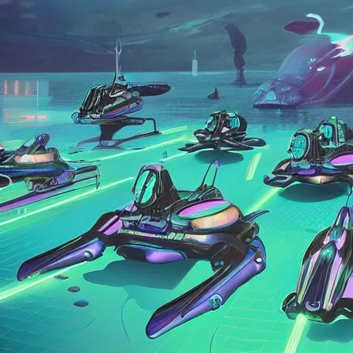 Image similar to futuristic amphibious combat mecha in the style of beeple, h. r. giger, lisa frank, submarine