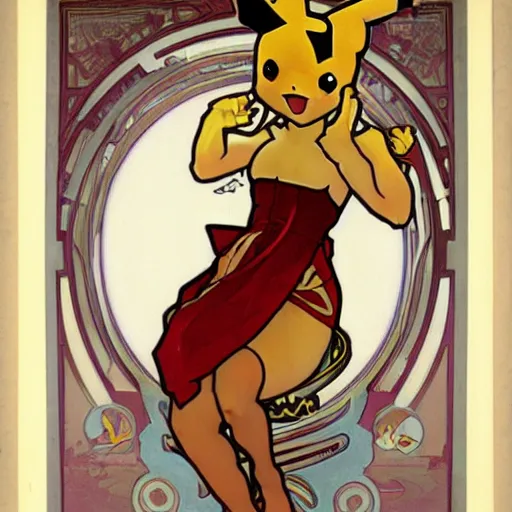 Image similar to elegant woman dressed up as pikachu, wearing stockings, photo by Alphonse Mucha,