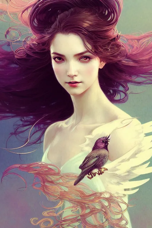 Image similar to portrait of woman with flowy hair, bird wings, confident pose, pixie, genshin impact, intricate, elegant, sharp focus, illustration, highly detailed, concept art, matte, trending on artstation, bright colors, art by wlop and artgerm and greg rutkowski, mucha, giger, marvel comics