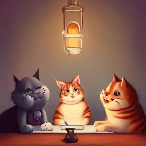 Prompt: a cartoonish cute cat is in an important business meeting with other fatter cats, warm lighting, magical atmosphere, trending on artstation, 30mm, by Noah Bradley trending on ArtStation, deviantart, high detail, stylized portrait