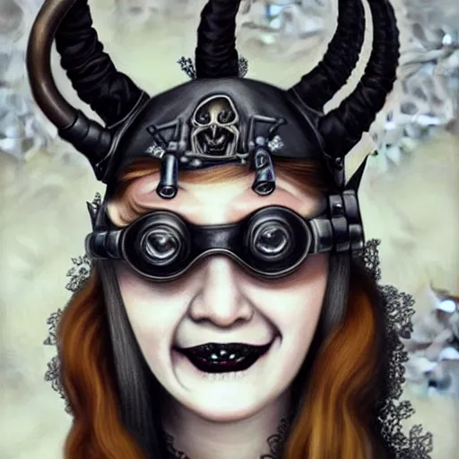 Image similar to a hyperrealistic portrait painting of a beautiful woman with demonic horns wearing steampunk goggles, black lipstick, evil smile, by santiago caruso, highly detailed,