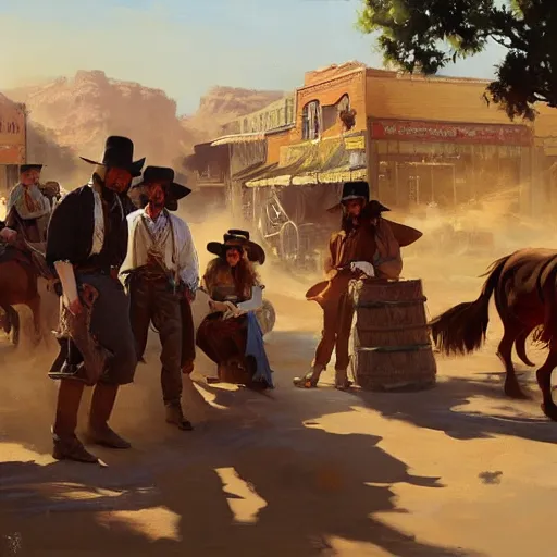 Prompt: greg manchess painting of a wild west town in the year 1 8 5 0, painting, trending on artstation, by huang guangjian and gil elvgren and sachin teng