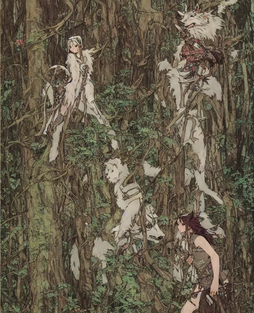 Image similar to Princess Mononoke, single figure, wolves, fully clothed in armor, lush fairy forest, neon, concept art, schematics, studio ghibli, gnarly trees, painted by norman rockwell, mucha, james gurney, high detail, denoised, sharp, architectural