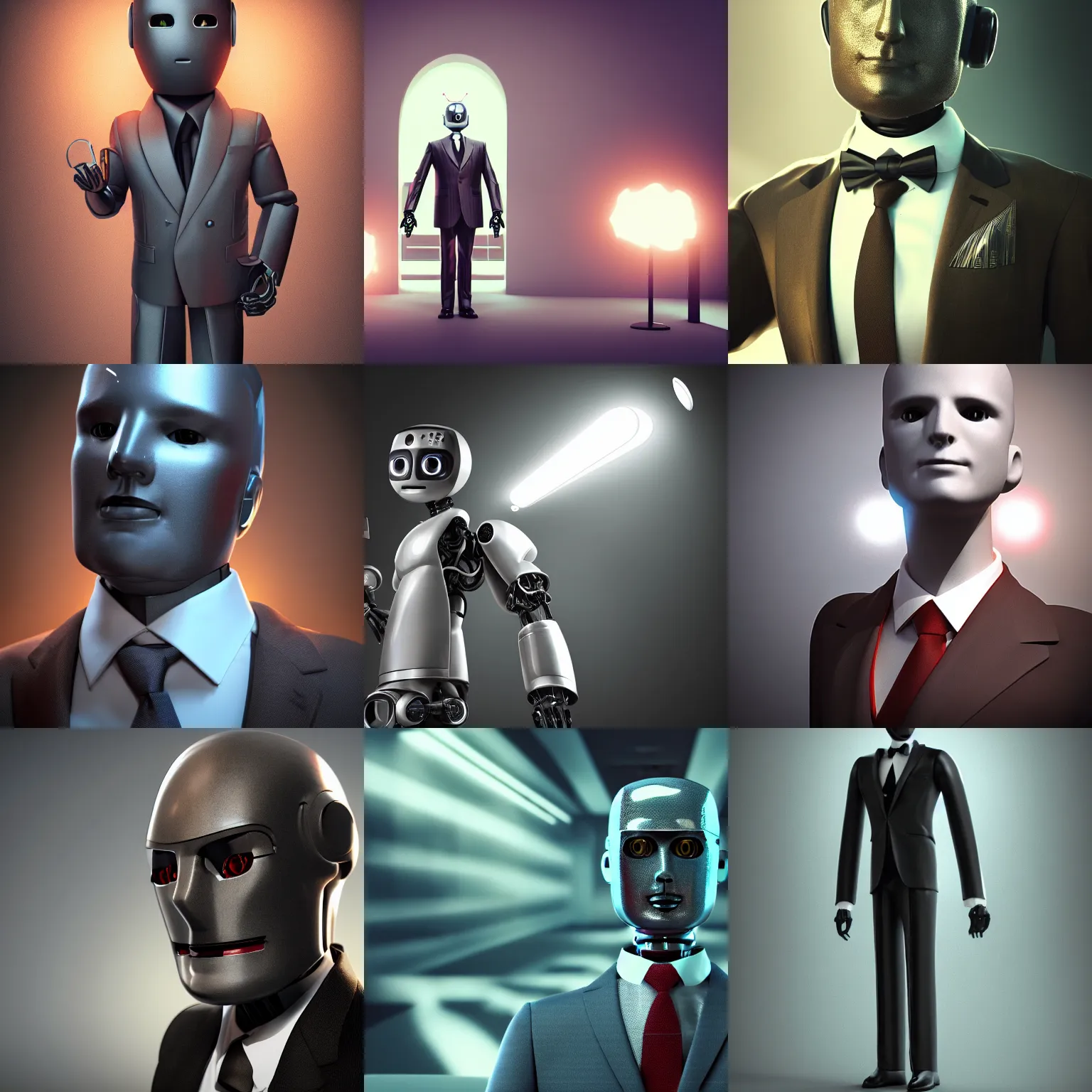 Prompt: portrait of a friendly robot, suit and tie, wings, historic portrait, dramatic lighting, octane render