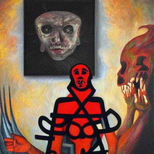 Image similar to portre of an autistic demon on acid, masonic and kabalistic symbols in background, oil painting