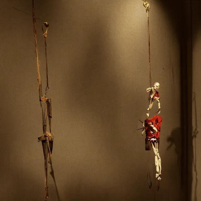 Prompt: a marionette puppet hanging limp in a dim room, by wayne barlow, highly detailed, horror themed, stark light and shadows