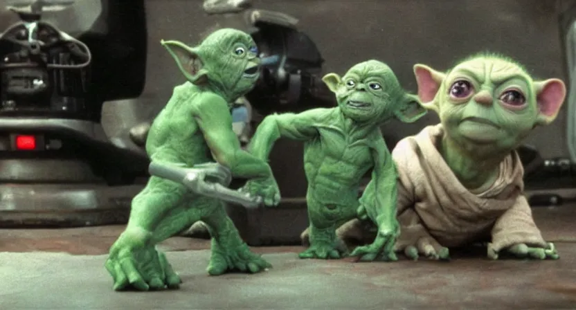 Image similar to a mix between Hulk and Yoda and Dobby and Gollum fighting robots, center frame medium shot, shot on technicolor cinemascope 35mm anamorphic lense, flare