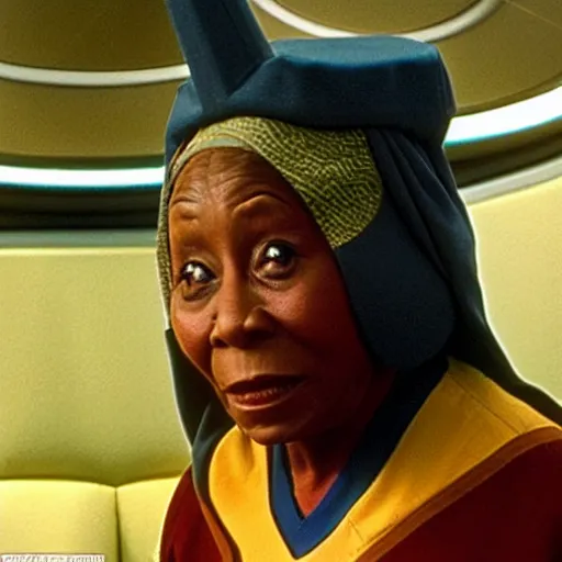 Image similar to guinan from star trek wearing random kitchen tools on her head on the starship enterprise, whoopi goldberg