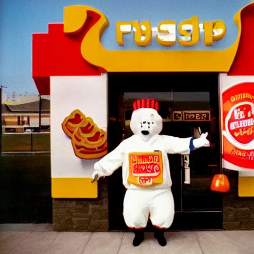 Prompt: The mascot for a once-popular fast food chain, 1990, colour photography