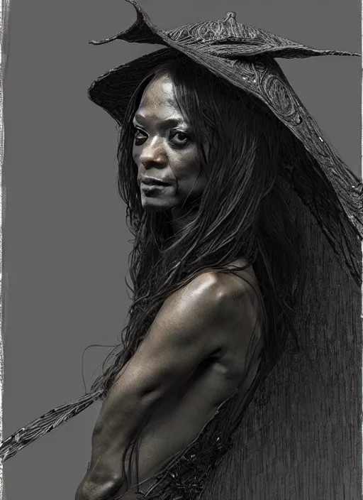 Prompt: portrait of zoe saldana looking for camera wearing witch hat, pen and ink, intricate line drawings, by craig mullins, ruan jia, kentaro miura, greg rutkowski, loundraw