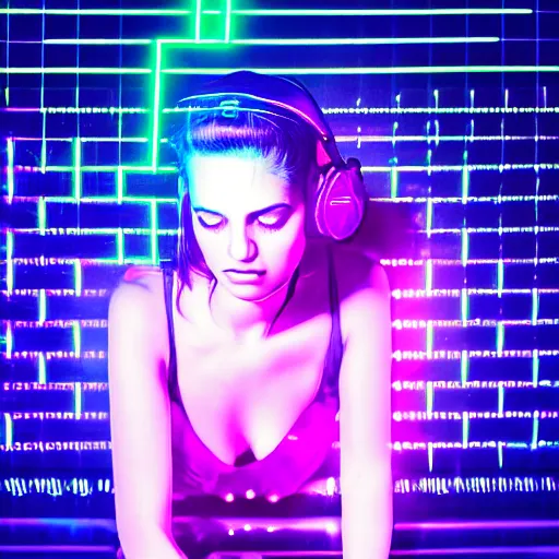 Prompt: Photographic masterpiece of a dj woman with neon lights, purple background, canon 50mm artstation -n 4