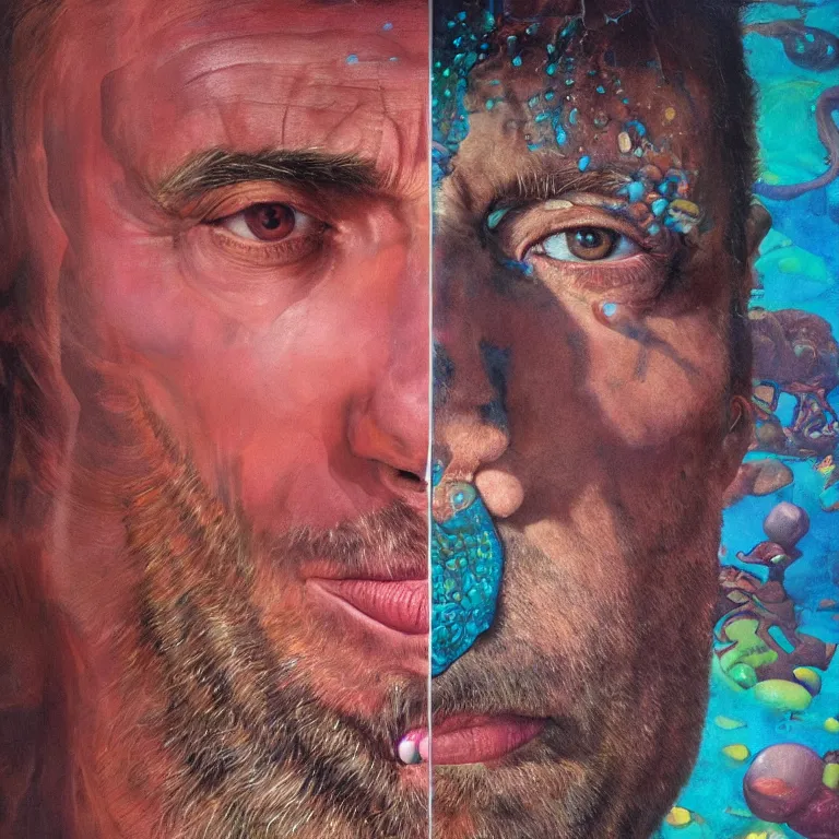 Prompt: Hyperrealistic intensely colored close up studio Photograph portrait of a deep sea bioluminescent Jon Hamm covered in chromatophores, symmetrical face realistic proportions eye contact, sitting on a Rock underwater, award-winning portrait oil painting by Norman Rockwell and Zdzisław Beksiński vivid colors high contrast hyperrealism 8k