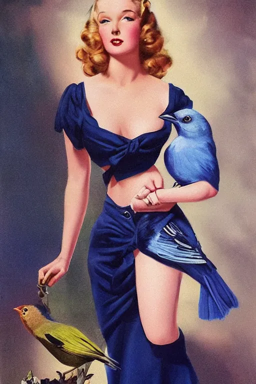 Image similar to portrait of 1 9 4 0 s blond pinup girl holding an indigo bunting, bird, the bird is wearing a bowtie, by greg rutkowski, rossdraws, gil elvgren, enoch bolles, porcelain skin, glistening, very coherent,