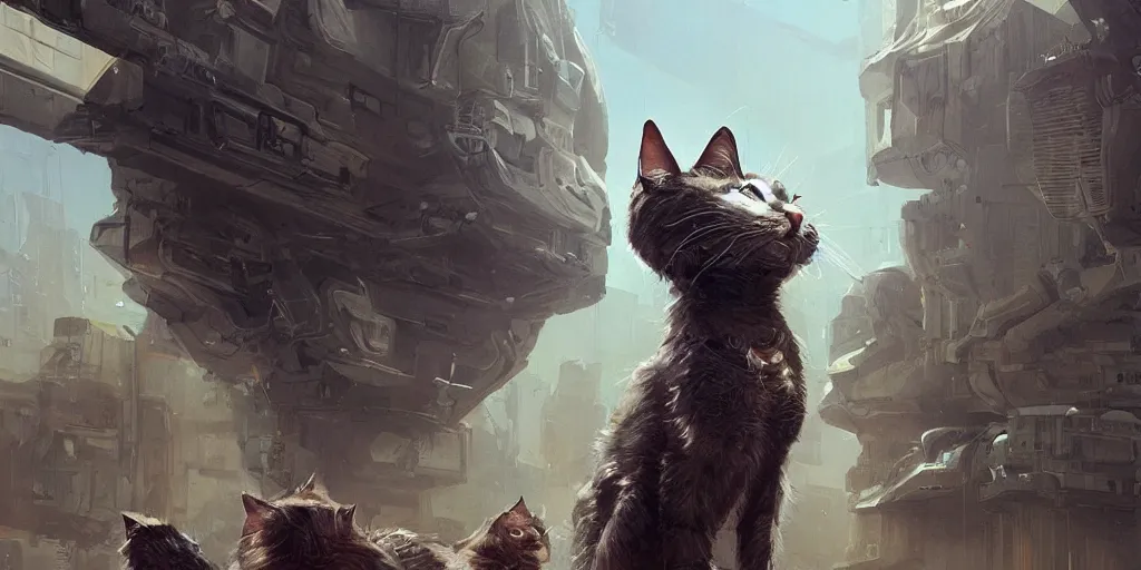 Image similar to sci fi cat realistic characters, Greg Rutkowski, Zabrocki, Karlkka, Jayison Devadas, Phuoc Quan, trending on Artstation, 8K, ultra wide angle, pincushion lens effect