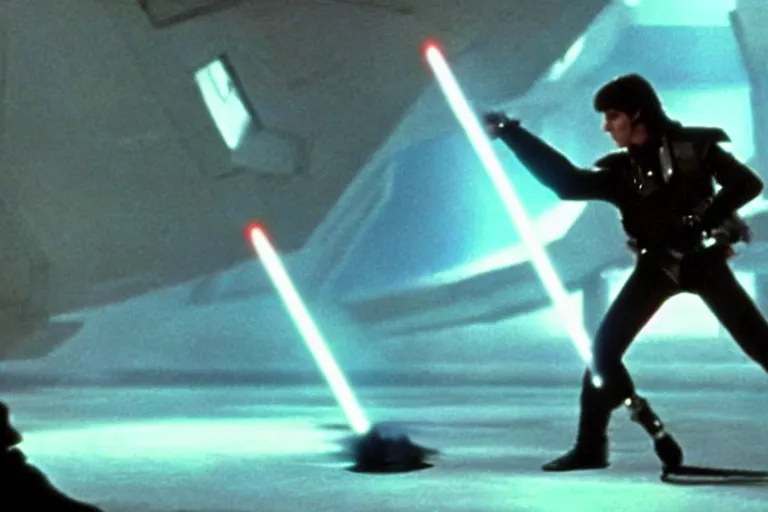 Prompt: scene from star wars: the empire strikes back, ziggy stardust turns on a lightsaber, amazing cinematography