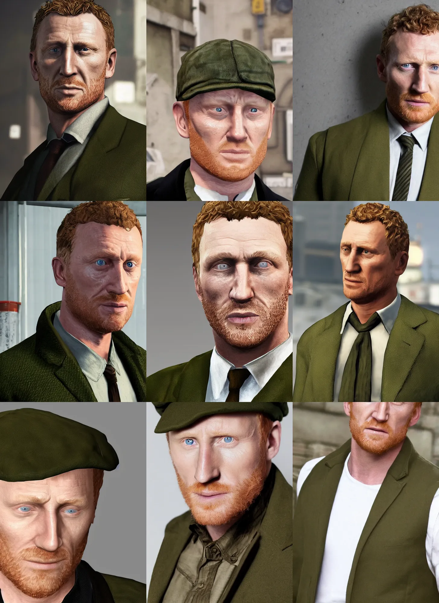 Prompt: portrait close - up kevin mckidd ciaran murphy, olive green flat cap and gilet suit, dark, gta v!! cover