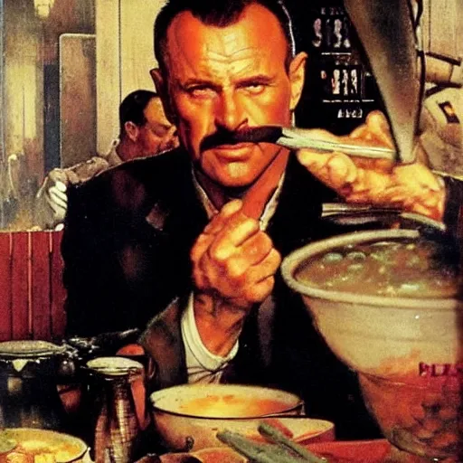 Image similar to leon kowalski replicant from blade runner is unhappy with the soup he has received in a restaurant and is considering making a complaint, painted by norman rockwell and tom lovell and frank schoonover