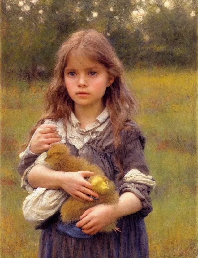 Image similar to portrait of little peasant girl holding chick in her hands, cottage core, cinematic focus, polaroid photo bleached vintage pastel colors high - key lighting, soft lights, foggy, by steve hanks, by lisa yuskavage, by serov valentin, by tarkovsky, 8 detailed, oil on canvas