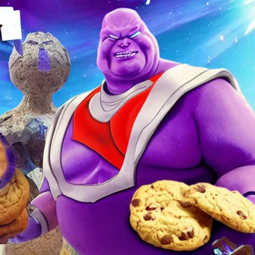 Prompt: big chungus chokes thanos in the metaverse while eating cookies