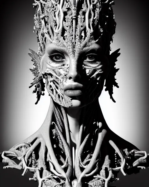 Prompt: a black and white high quality photo of a young beautiful female queen-dragon-cyborg bust with a very long neck and Mandelbrot fractal face, Mandelbrot fractal skin, flesh, anatomical, facial muscles, veins, arteries, elegant, highly detailed, flesh highly baroque ornate, hair are wired cables, elegant, high fashion, rim light, octane render, in the style of Diane Arbus, Realistic, Refined, Digital Art, Highly Detailed, Cinematic Lighting, rim light, black and white, photo-realistic, 8K