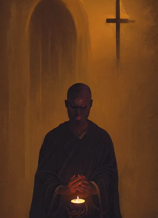 Prompt: oil painting portrait of a weeping sobbing tonsured dominican monk in a brown habit, kneeling in a moonlit empty chapel at night, hazy, digital art, artstation, cinematic, moonlight, digital art painting by greg rutkowski, hazy atmosphere, candles, cinematic blue lighting