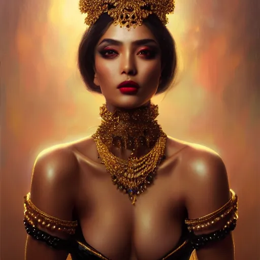 Prompt: expressive oil painting, of alluring persian princess, seductive look, smooth glowing skin, glistening body, love, adoration, ornate headpiece of black beads, black choker, glamour shot, by yoshitaka amano, by greg rutkowski, by jeremyg lipkinng, by artgerm, digital art, octane render