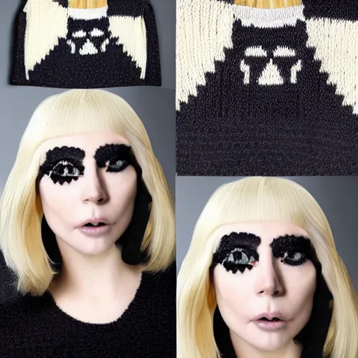 Image similar to a hand knit wool sweater with a lady gaga face pattern