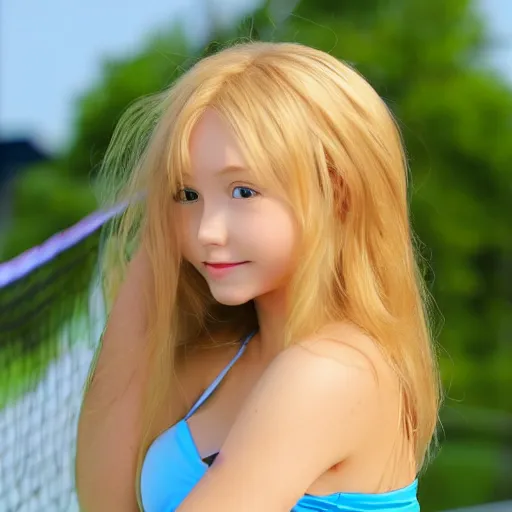 Image similar to a very beautiful young anime tennis girl, full body, long wavy blond hair, sky blue eyes, full round face, short smile, bikini, miniskirt, highly detailed, photograph