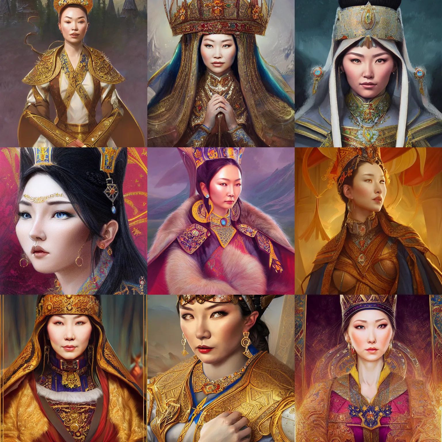 Prompt: kazakh empress, samal yeslyamova, d & d, fantasy, portrait, highly detailed, digital painting, trending on artstation, concept art, sharp focus, illustration, art by artgerm and greg rutkowski and magali villeneuve