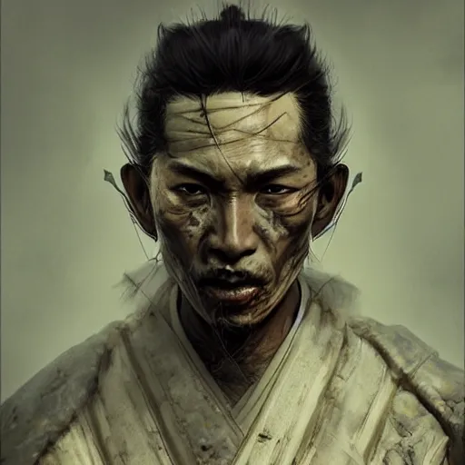 Image similar to Sickly diseased dying Samurai warrior, portrait by Cedric Peyravernay, highly detailed, excellent composition, cinematic concept art, dramatic lighting, trending on ArtStation