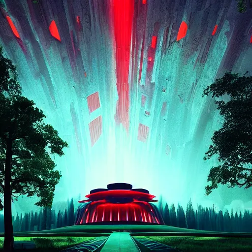 Image similar to red futuristic temple between green hills with big trees, star trails, dramatic lighting, artstation, matte painting, raphael lacoste, simon stalenhag, frank lloyd wright