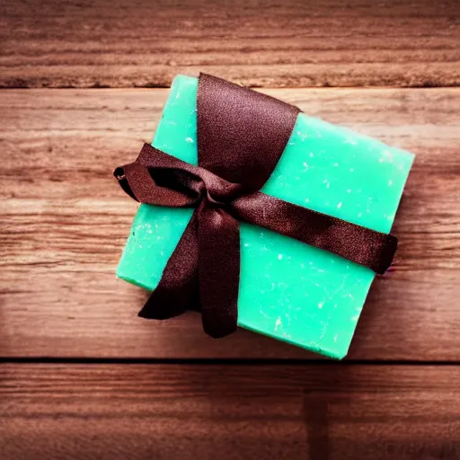 Image similar to beautiful and bright advertising, photography of a package of handmade, mint chocolate scented soap, wrapped in dark brown ribbons, studio quality, hdr 8 k photograph