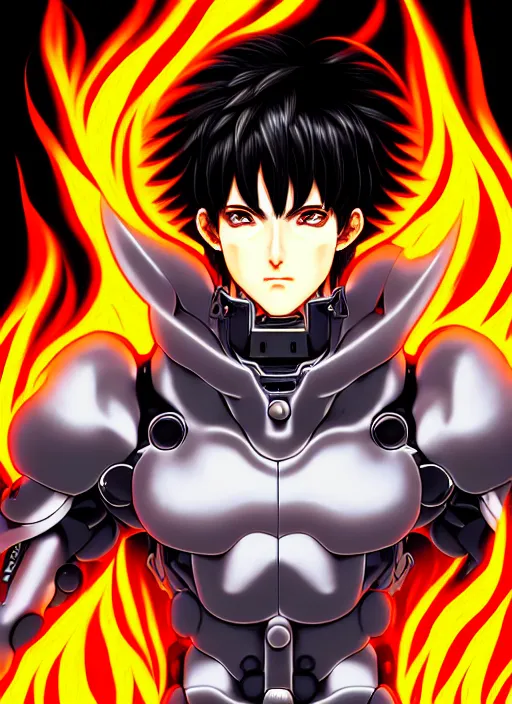 Image similar to a detailed manga full body portrait illustration of a dark haired cyborg anime man surrounded by fire by hirohiko araki, detailed artwork, realism, 4 k resolution, detailed, high quality, sharp focus, hq artwork, insane detail, volumetric lighting, character concept art, fine details, clear subject, central subject