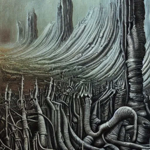 Prompt: painting of a landscape by h. r. giger | horror themed | creepy