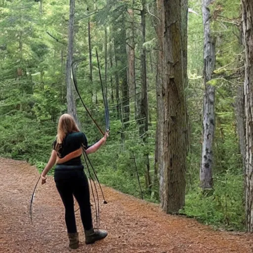 Image similar to a recurve bow made out of pine with a lye string, held by a beautiful woman in the woods hunting a deer